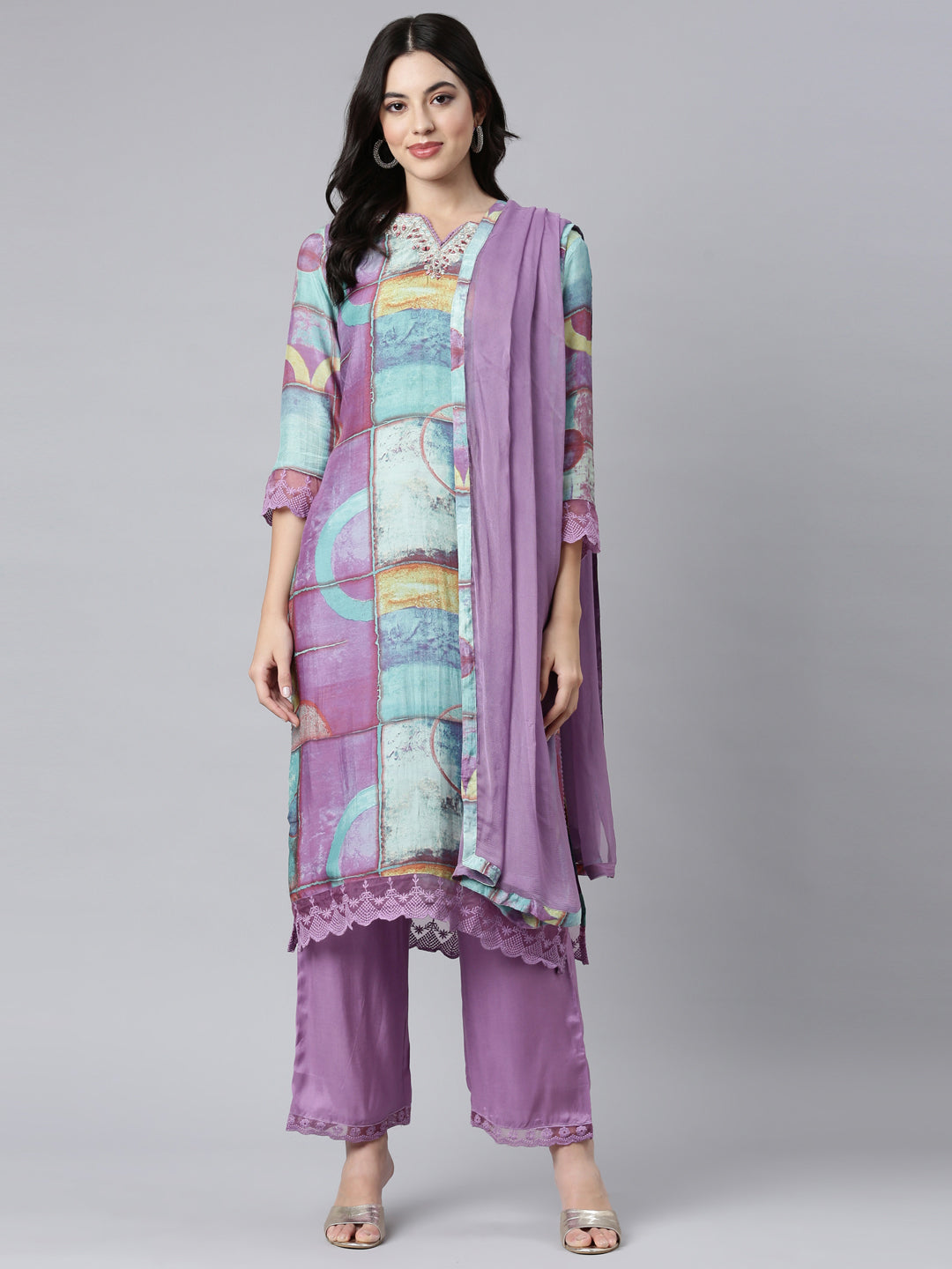 Neerus Purple printed geometric suit set straight kurta with trouser and dupatta - detail view 2