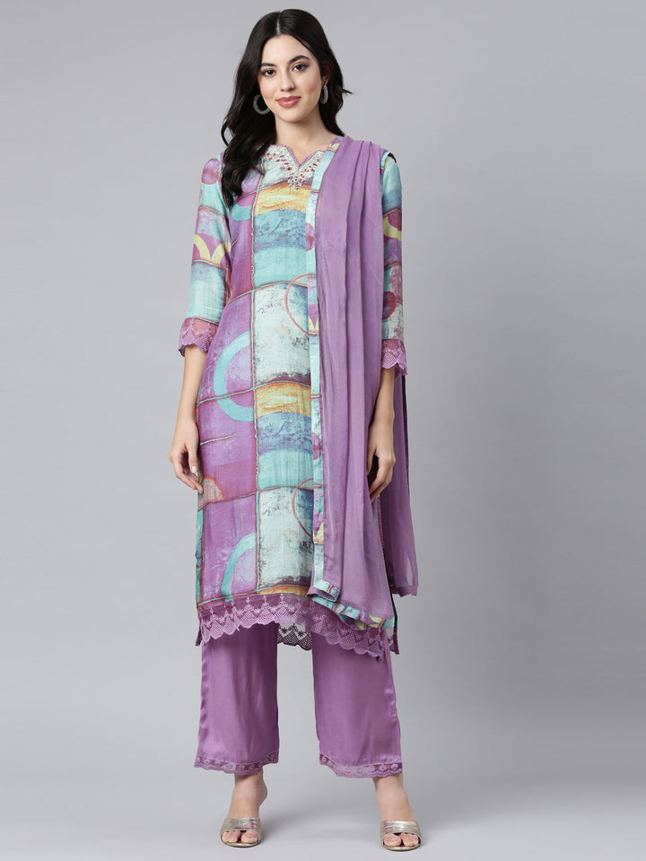 Neerus Purple printed geometric suit set straight kurta with trouser and dupatta - detail view 2