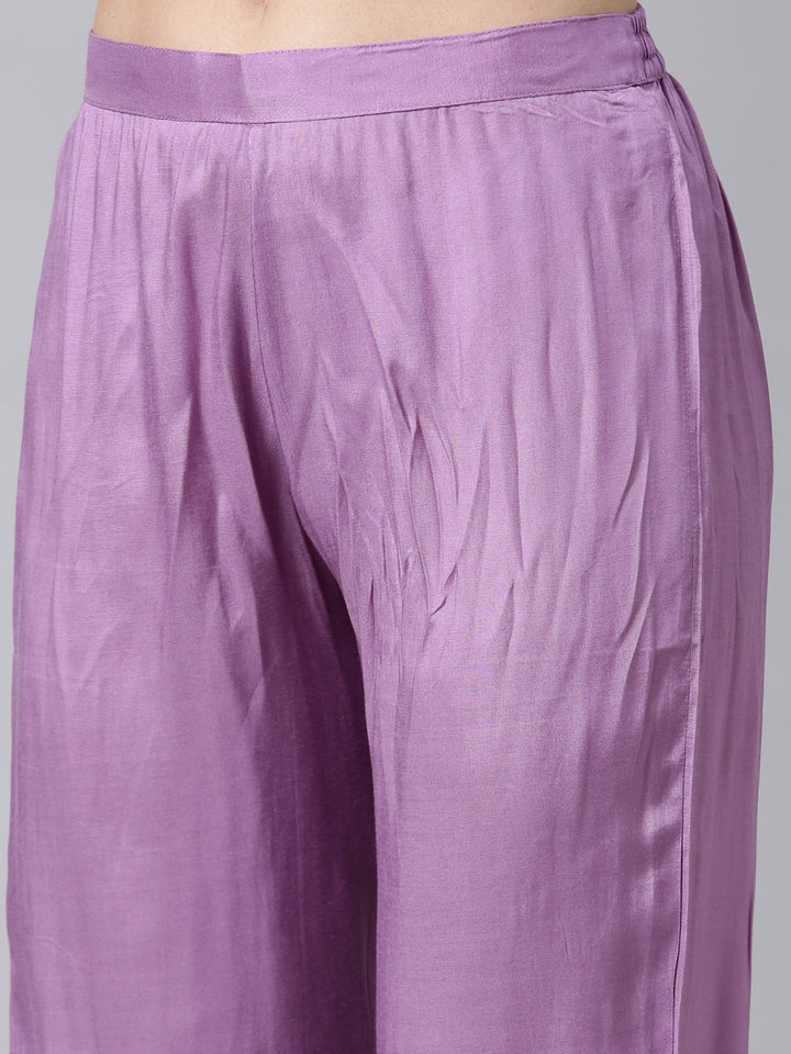 Neerus Purple printed geometric suit set straight kurta with trouser and dupatta - detail view 3