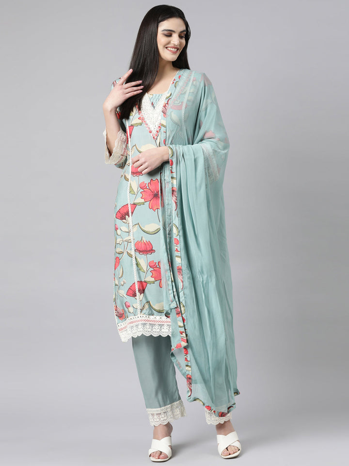 Neerus Blue printed floral suit set straight kurta with trouser and dupatta - detail view 2