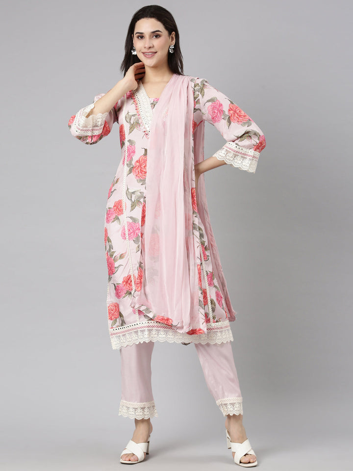 Neerus Pink floral printed suit set with dupatta - front view