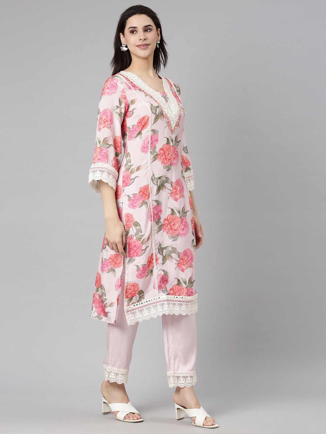 Neerus Pink floral printed suit set with dupatta - back view