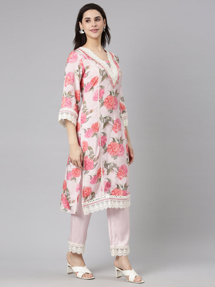 Neerus Pink floral printed suit set with dupatta - back view