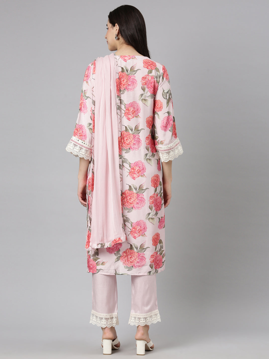 Neerus Pink floral printed suit set with dupatta - side view