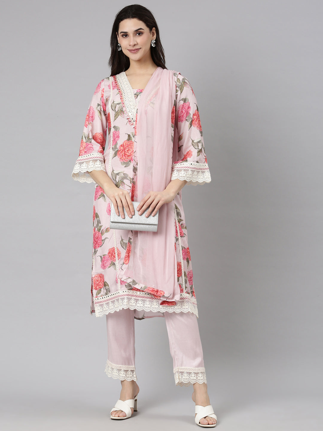 Neerus Pink floral printed suit set with dupatta - detail view 1