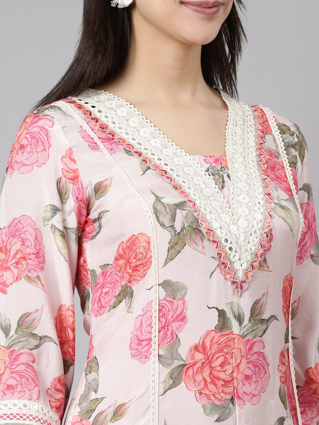 Neerus Pink floral printed suit set with dupatta - detail view 4