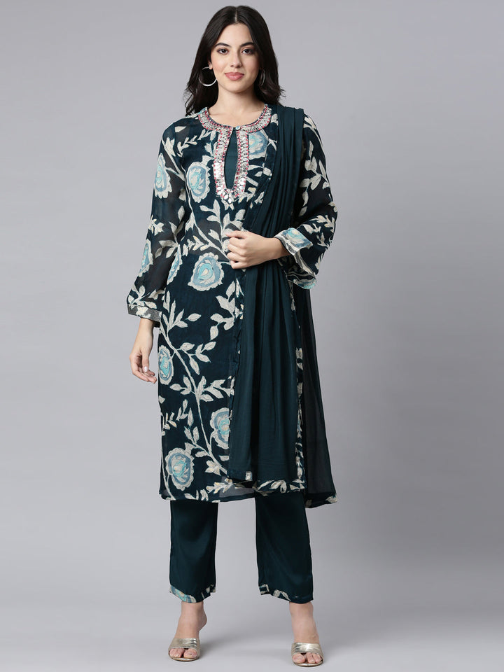 Neerus Green printed floral straight suit set - front view