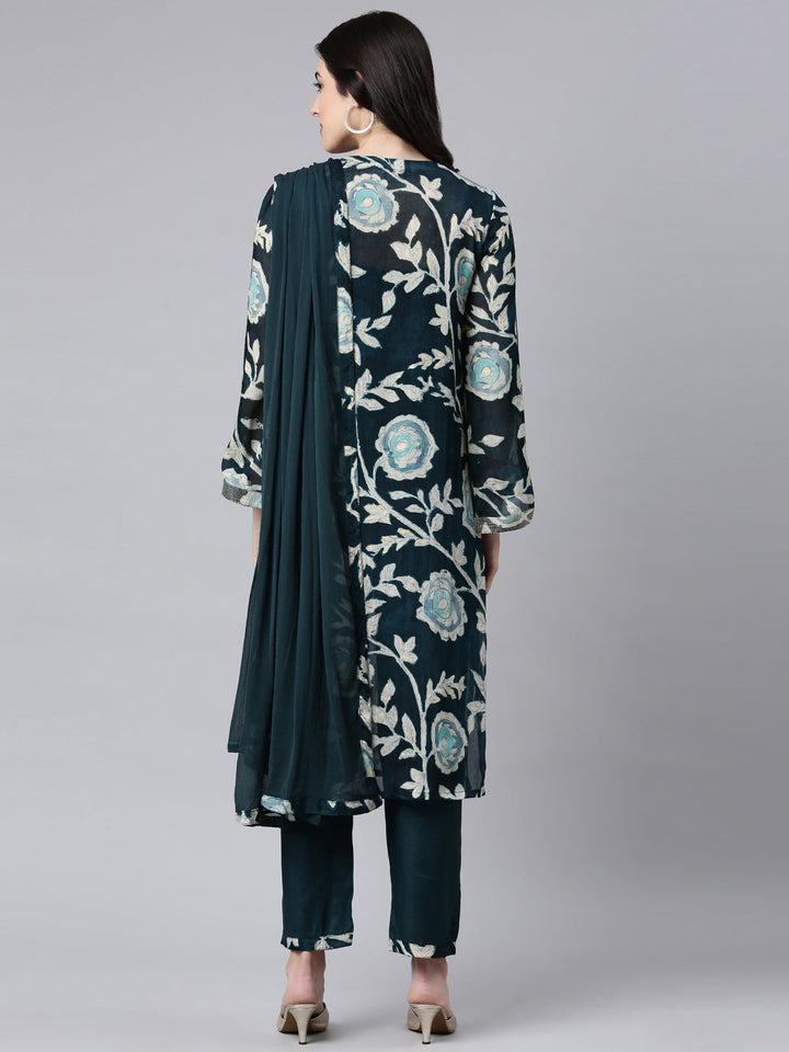 Neerus Green printed floral straight suit set - side view
