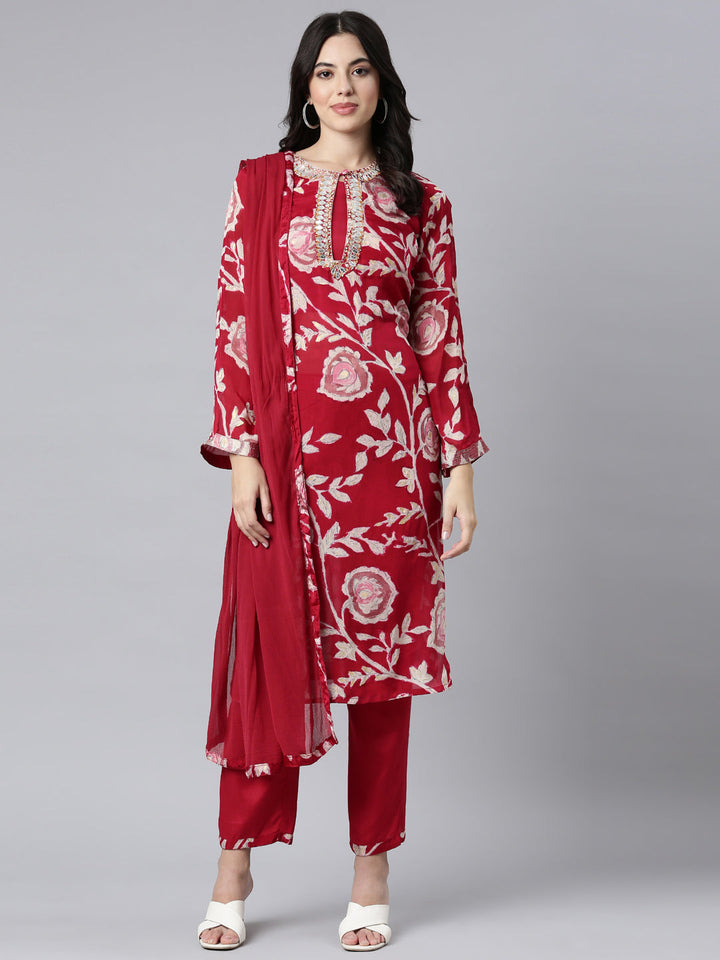 Neerus Pink floral printed straight suit set - detail view 2