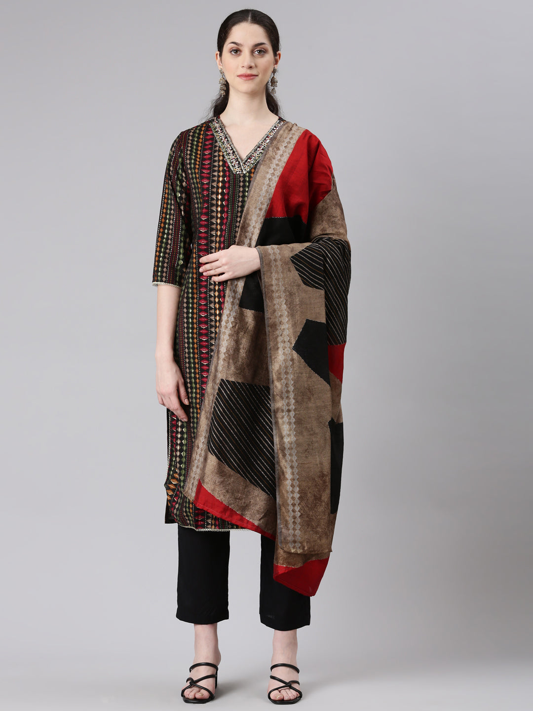 Neerus Black straight kurta suit set with trouser and dupatta - front view