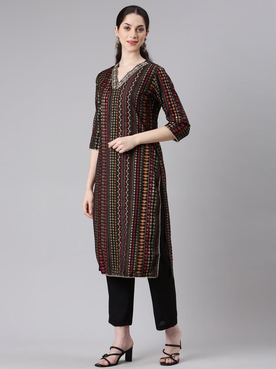 Neerus Black straight kurta suit set with trouser and dupatta - back view
