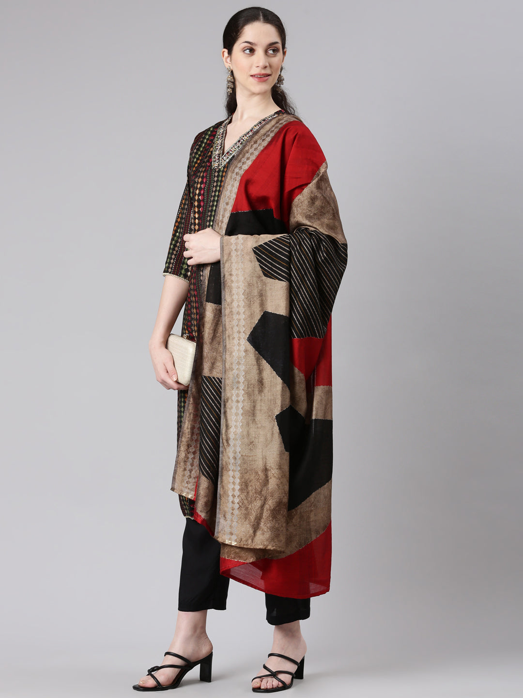 Neerus Black straight kurta suit set with trouser and dupatta - detail view 2