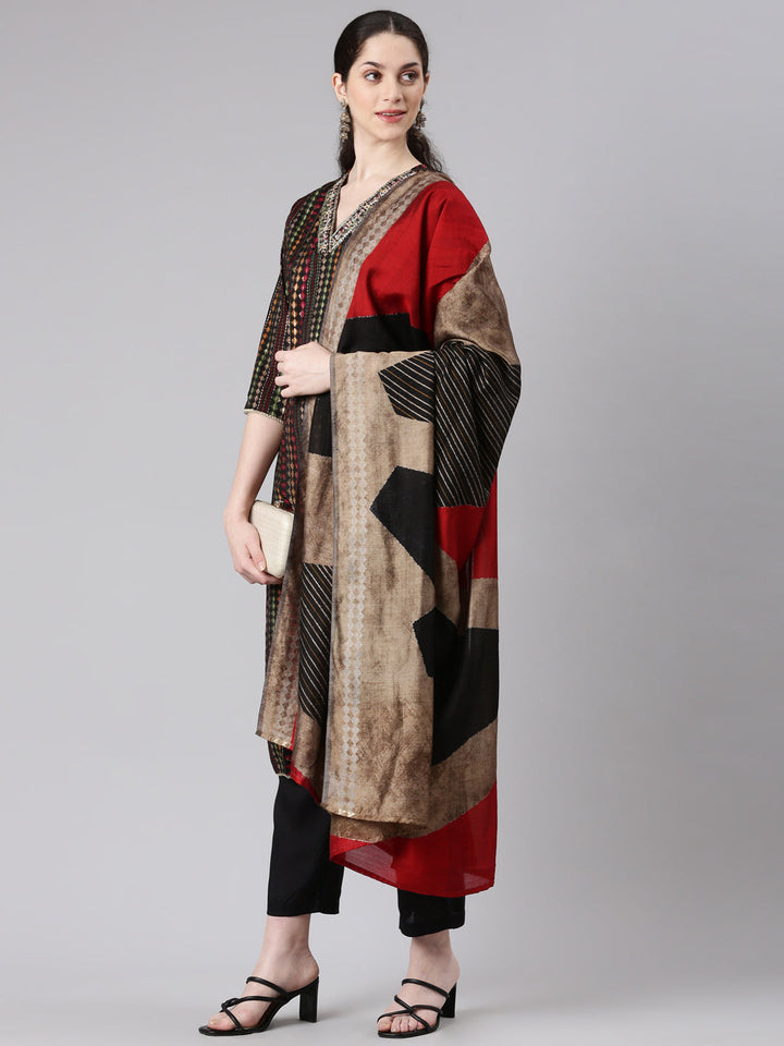Neerus Black straight kurta suit set with trouser and dupatta - detail view 2