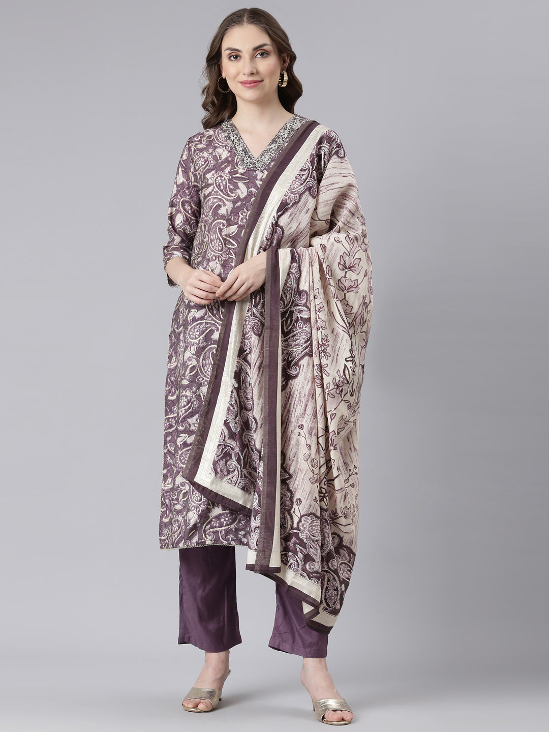 Neerus Purple printed paisley suit set - front view