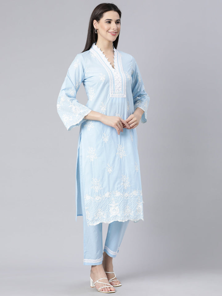 Neerus Blue panelled straight kurta suit set with dupatta - side view