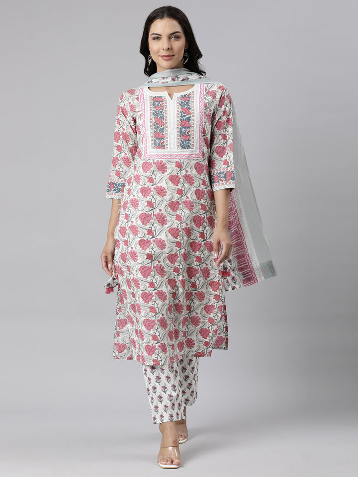 Neerus Pink cotton printed straight suit set - front view