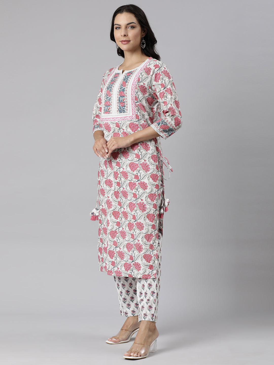 Neerus Pink cotton printed straight suit set - back view