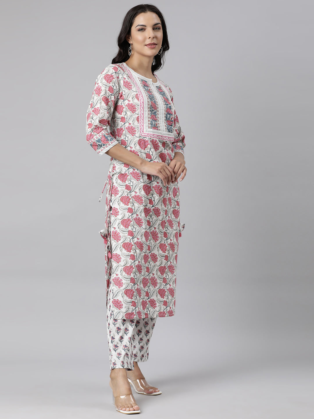 Neerus Pink cotton printed straight suit set - side view