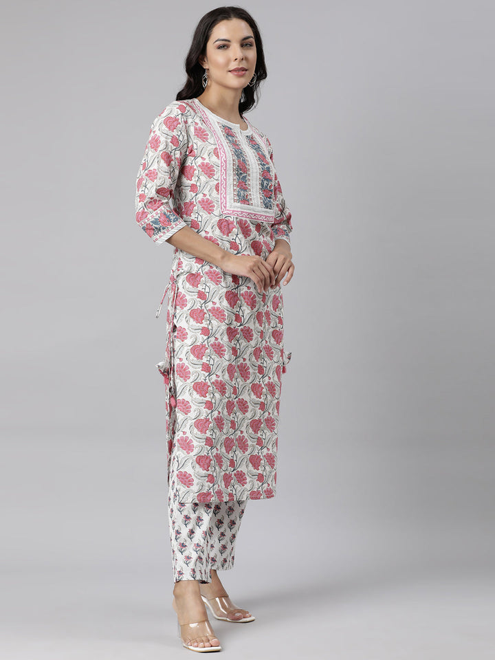 Neerus Pink cotton printed straight suit set - side view
