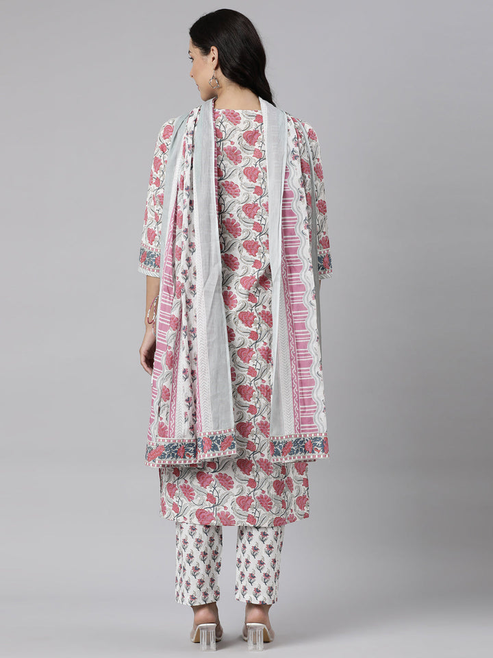 Neerus Pink cotton printed straight suit set - detail view 1