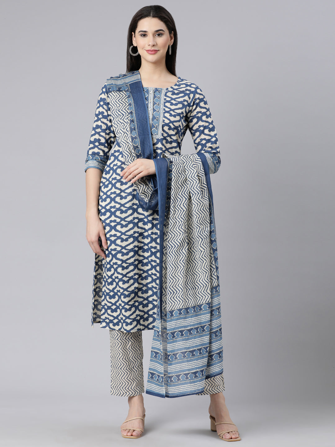 Neerus Blue cotton printed straight suit set - front view