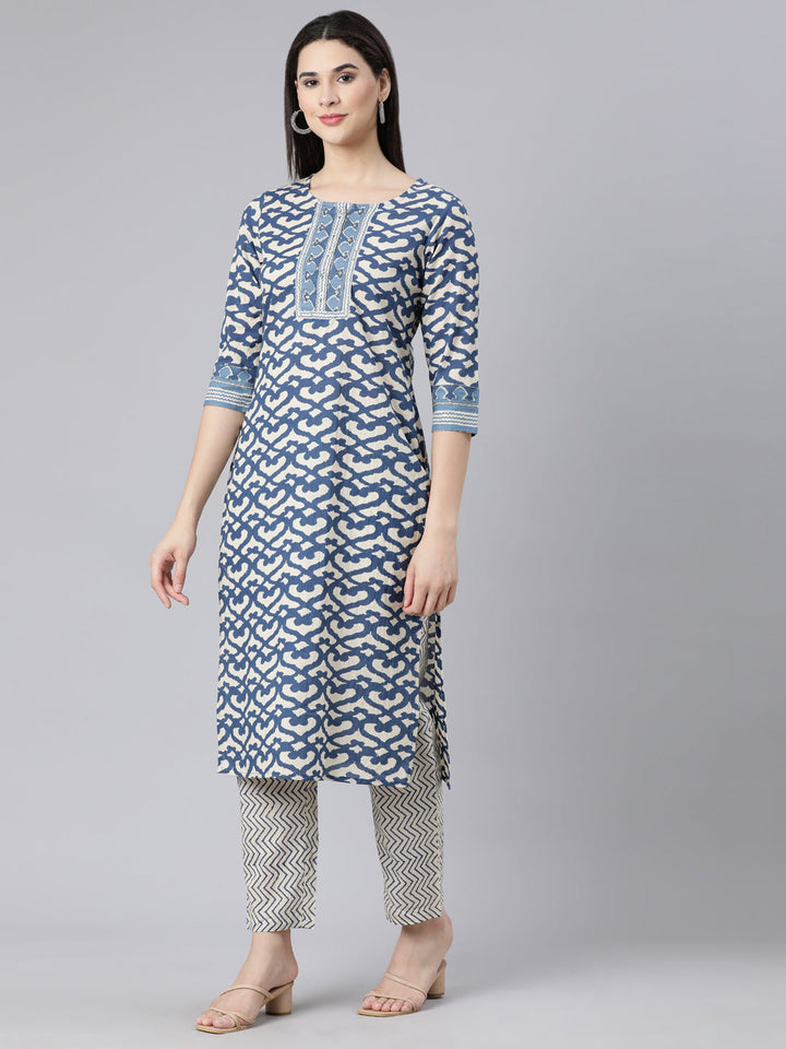 Neerus Blue cotton printed straight suit set - back view