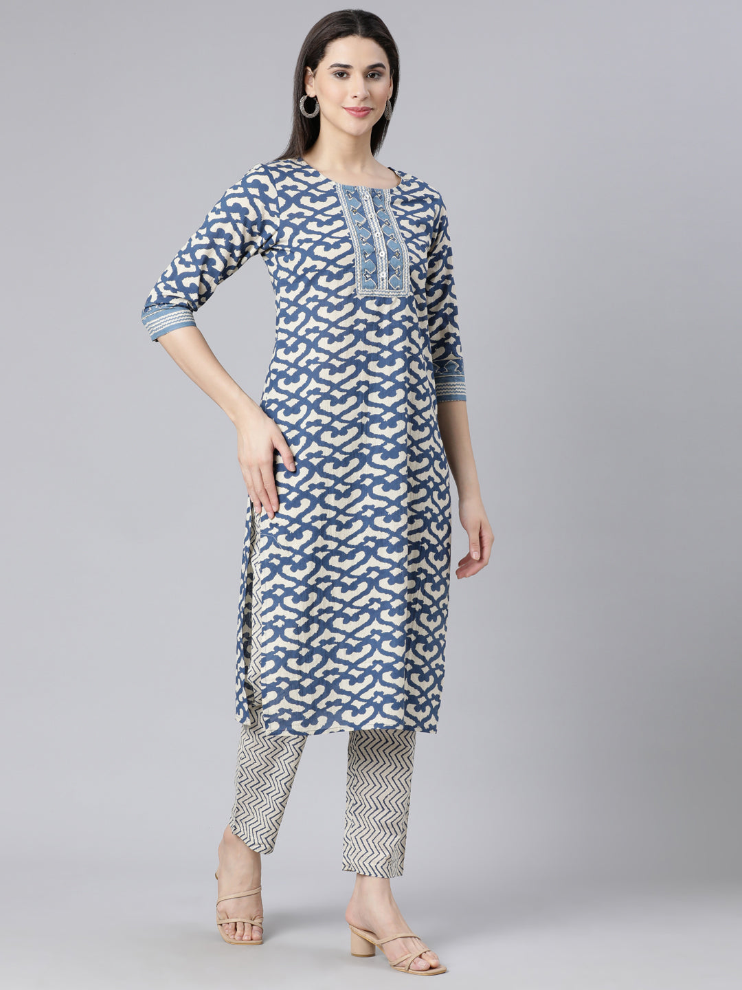 Neerus Blue cotton printed straight suit set - side view