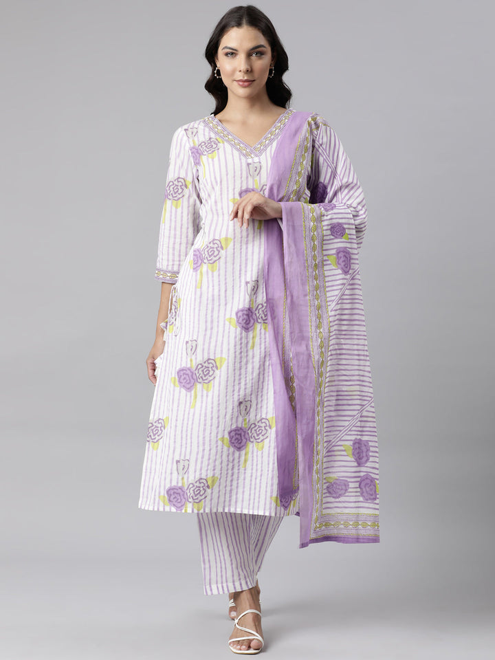 Neerus Purple Panelled Straight Printed Kurta And Trousers With Dupatta