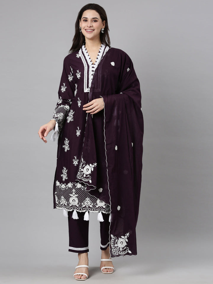 Neerus Purple Regular Straight Floral Kurta And  Trousers With Dupatta