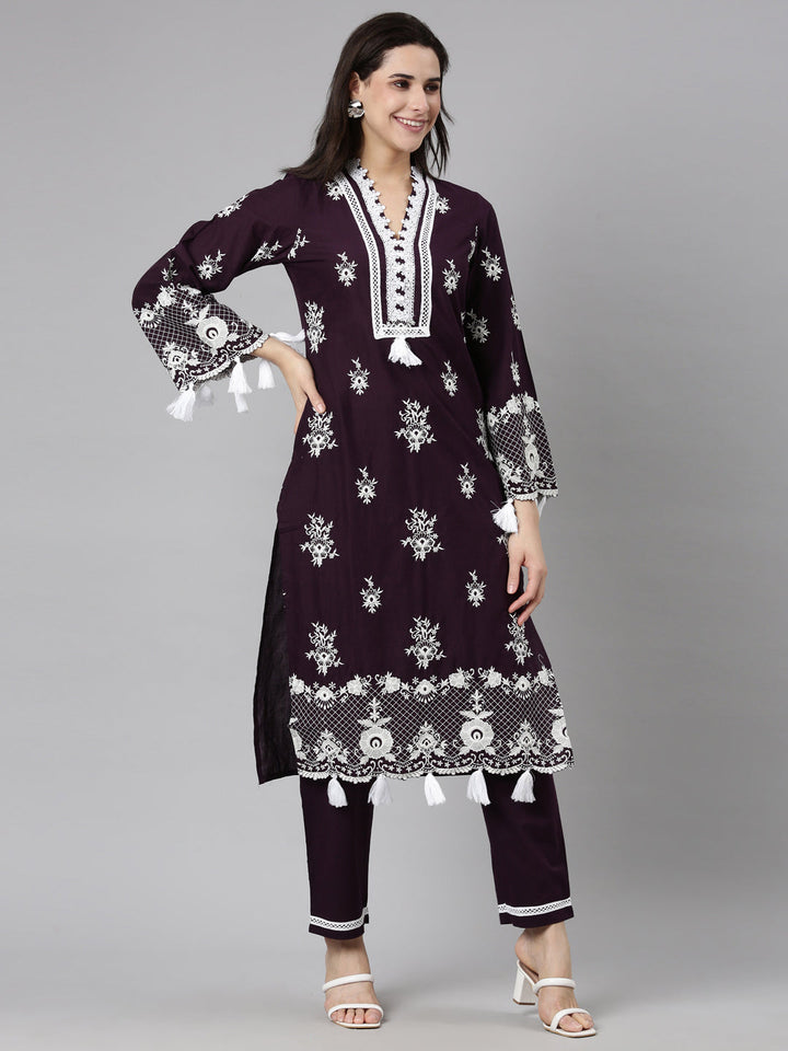 Neerus Purple Regular Straight Floral Kurta And  Trousers With Dupatta