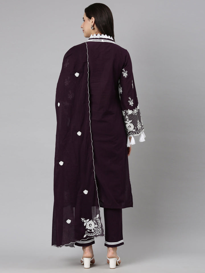 Neerus Purple Regular Straight Floral Kurta And  Trousers With Dupatta