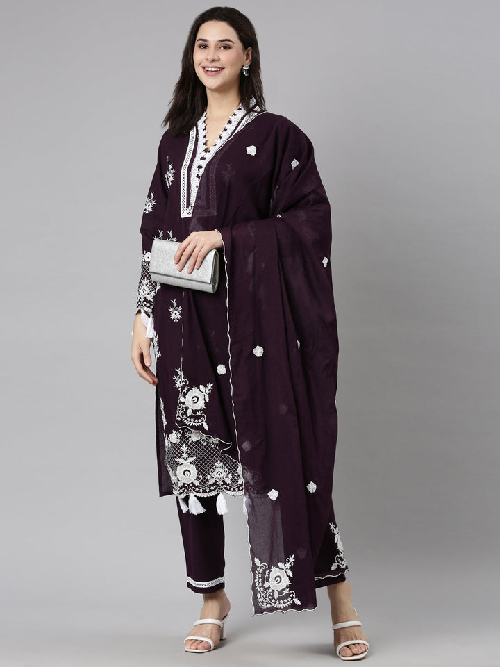 Neerus Purple Regular Straight Floral Kurta And  Trousers With Dupatta