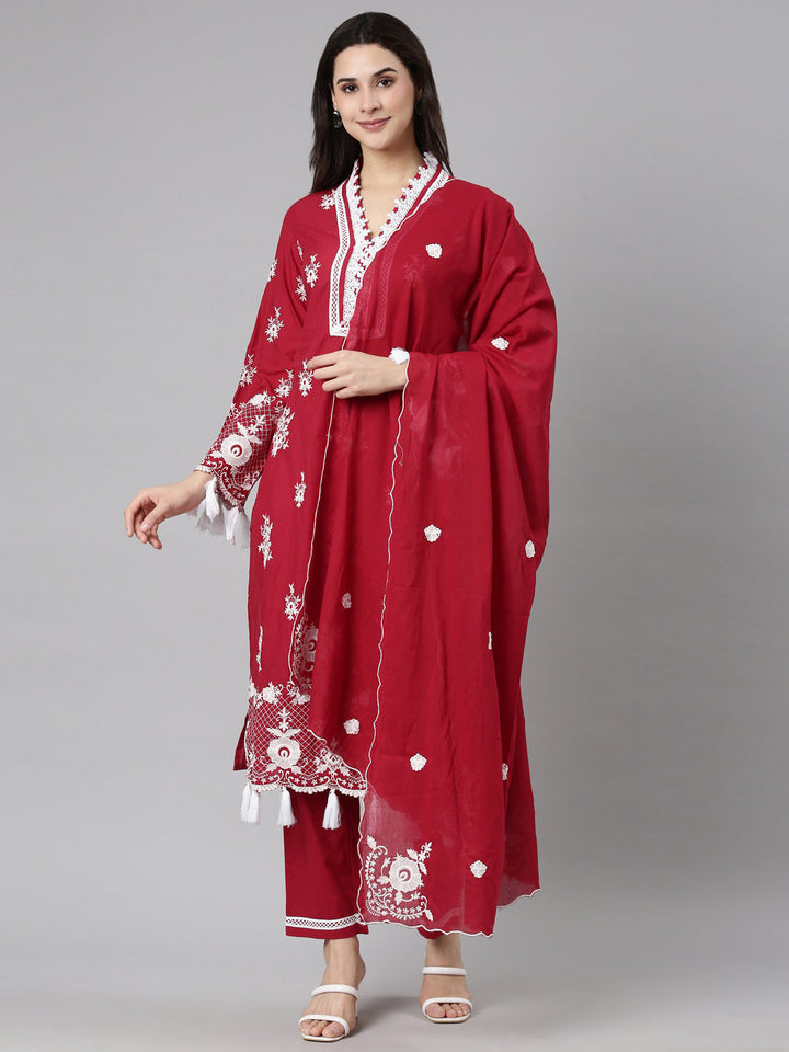 Neerus Red Regular Straight Floral Kurta And  Trousers With Dupatta