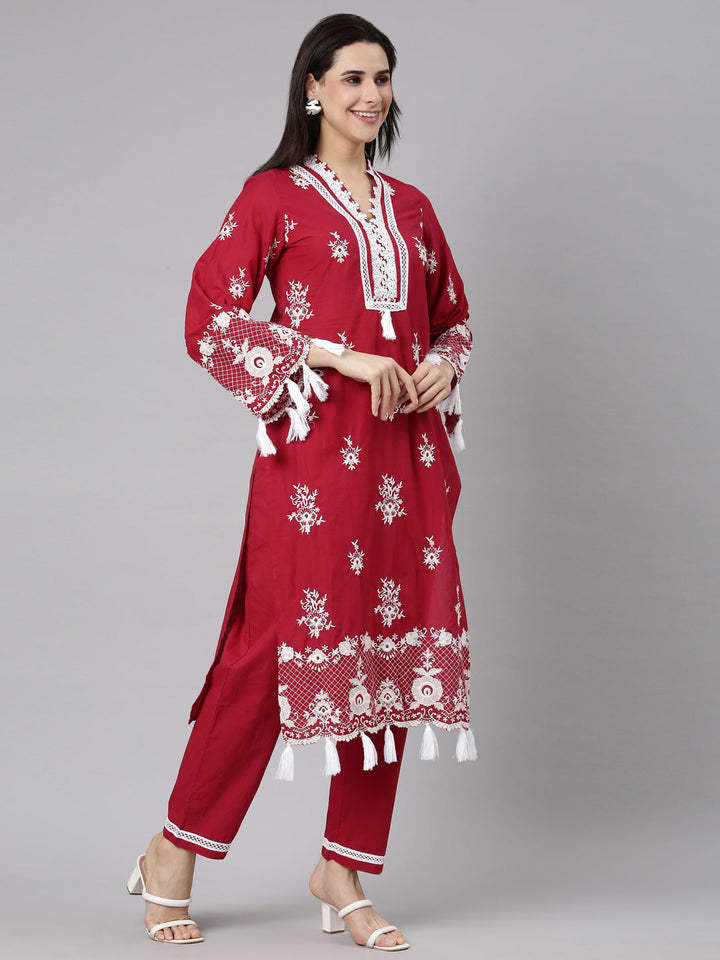 Neerus Red Regular Straight Floral Kurta And  Trousers With Dupatta