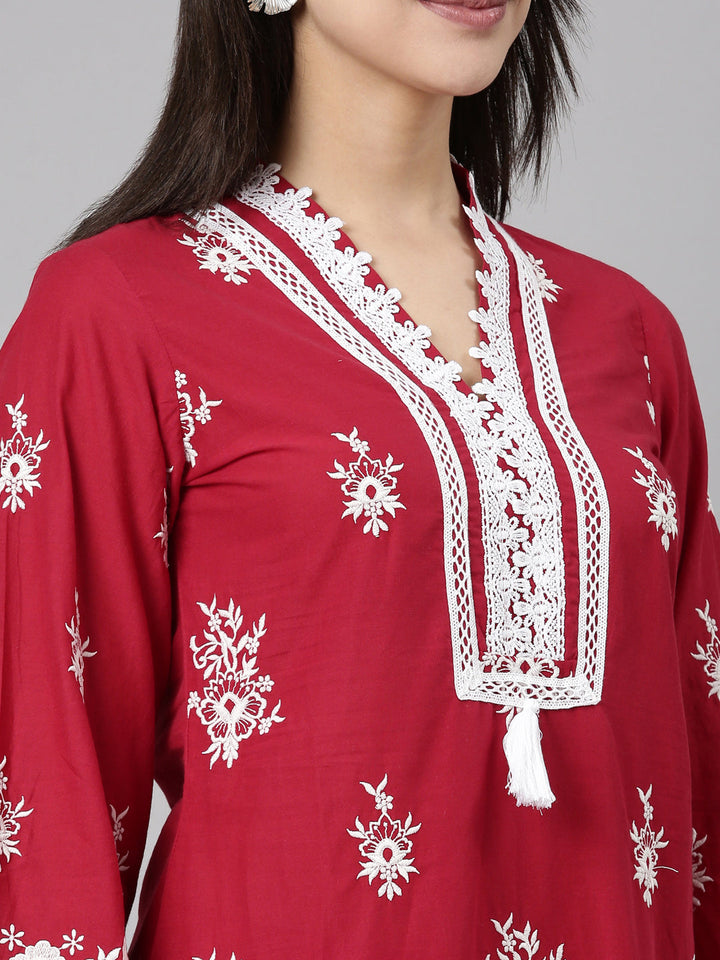 Neerus Red Regular Straight Floral Kurta And  Trousers With Dupatta