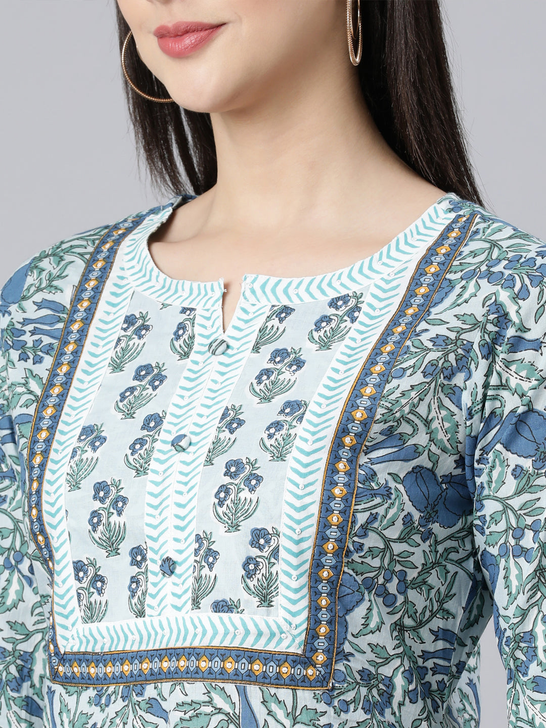 Neerus Blue printed straight suit set panelled kurta with trouser and dupatta - detail view 2