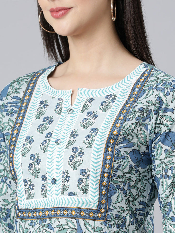 Neerus Blue printed straight suit set panelled kurta with trouser and dupatta - detail view 2