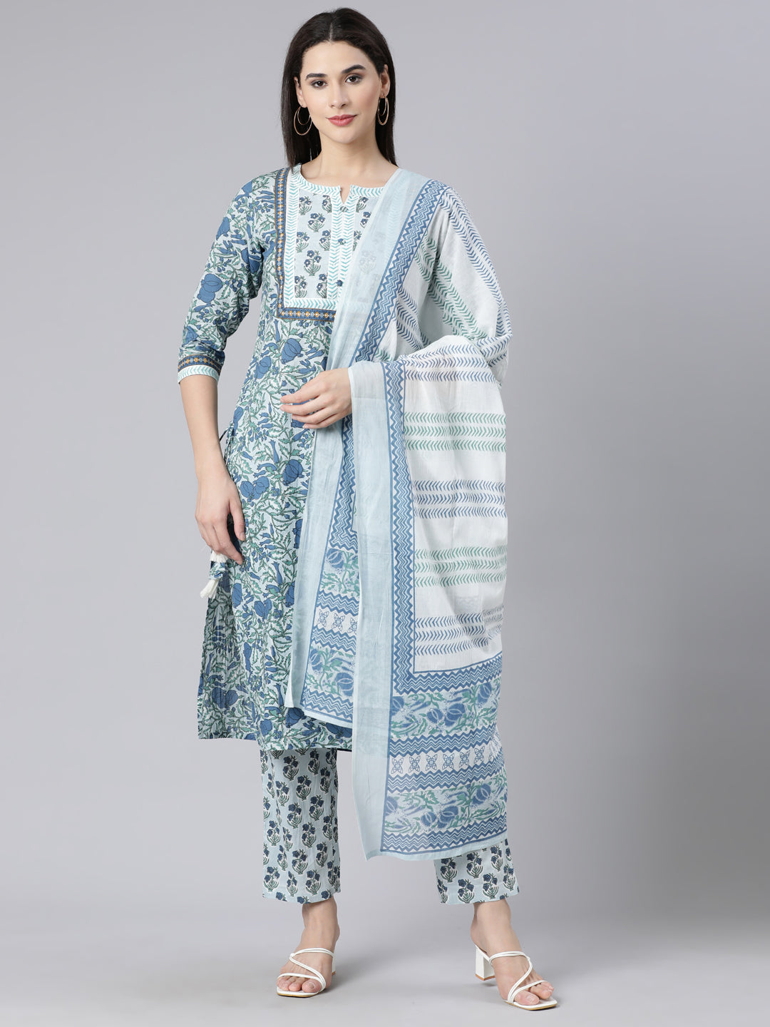 Neerus Blue printed straight suit set panelled kurta with trouser and dupatta - front view