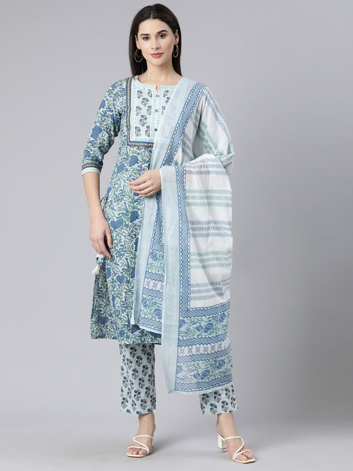 Neerus Blue printed straight suit set panelled kurta with trouser and dupatta - front view