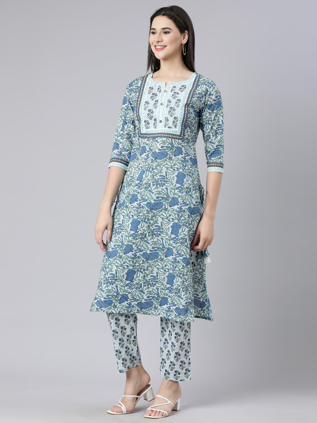 Neerus Blue printed straight suit set panelled kurta with trouser and dupatta - back view