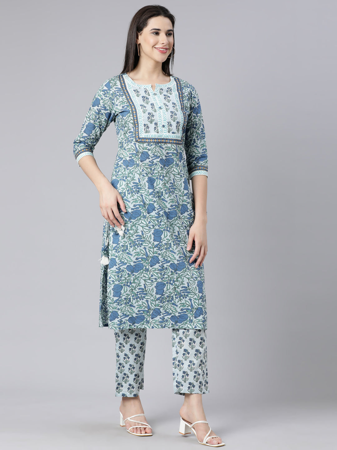 Neerus Blue printed straight suit set panelled kurta with trouser and dupatta - side view