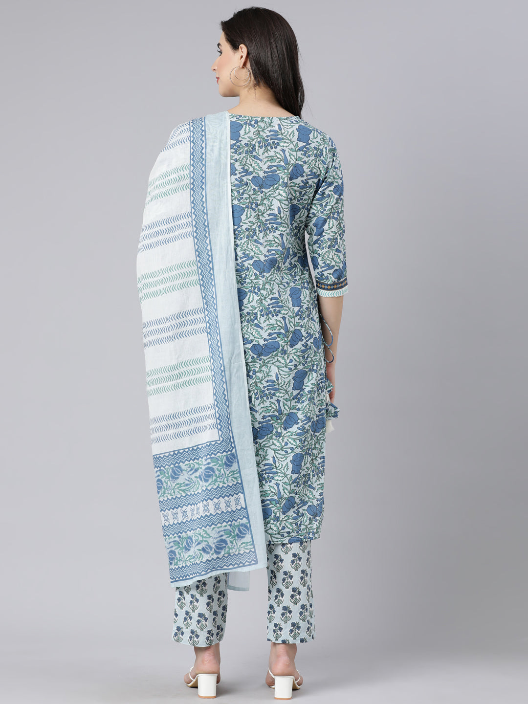 Neerus Blue printed straight suit set panelled kurta with trouser and dupatta - detail view 1