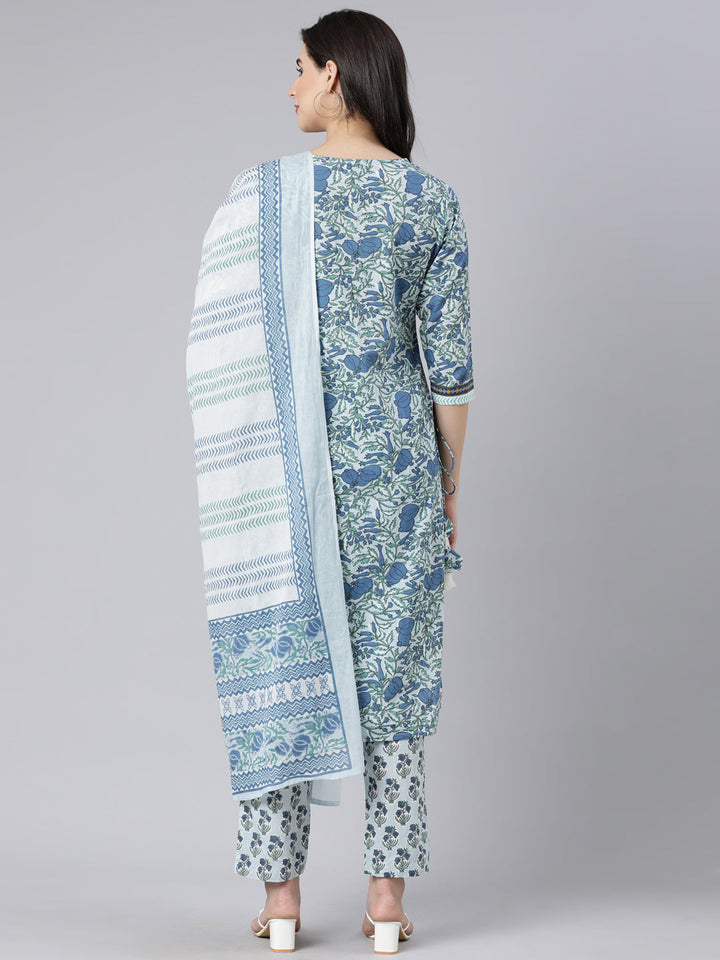 Neerus Blue printed straight suit set panelled kurta with trouser and dupatta - detail view 1