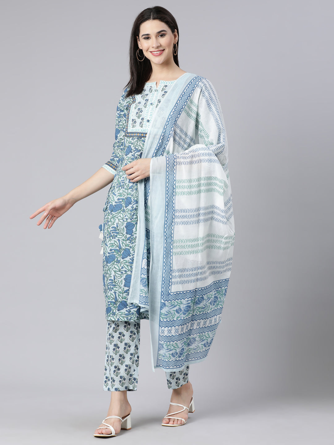 Neerus Blue printed straight suit set panelled kurta with trouser and dupatta - detail view 3