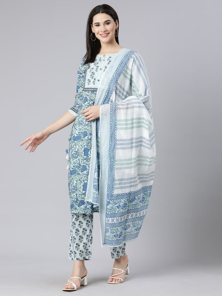 Neerus Blue printed straight suit set panelled kurta with trouser and dupatta - detail view 3