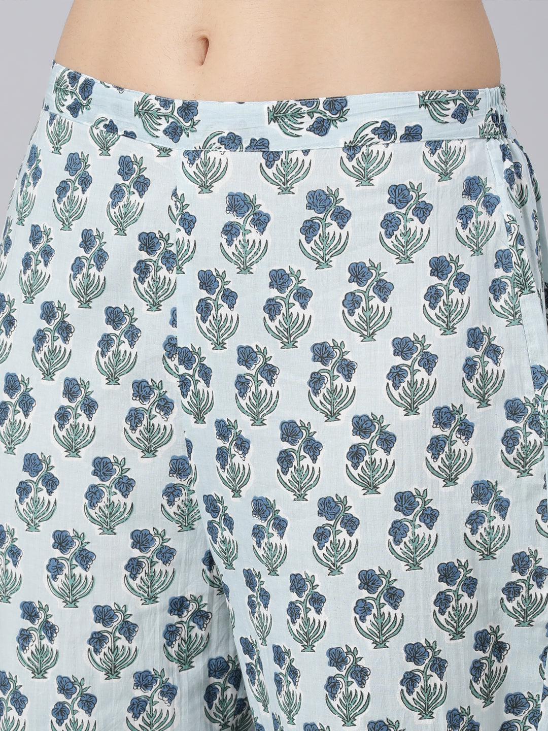 Neerus Blue printed straight suit set panelled kurta with trouser and dupatta - detail view 4