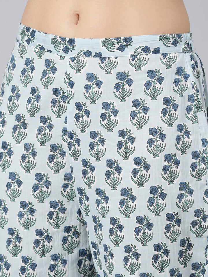Neerus Blue printed straight suit set panelled kurta with trouser and dupatta - detail view 4