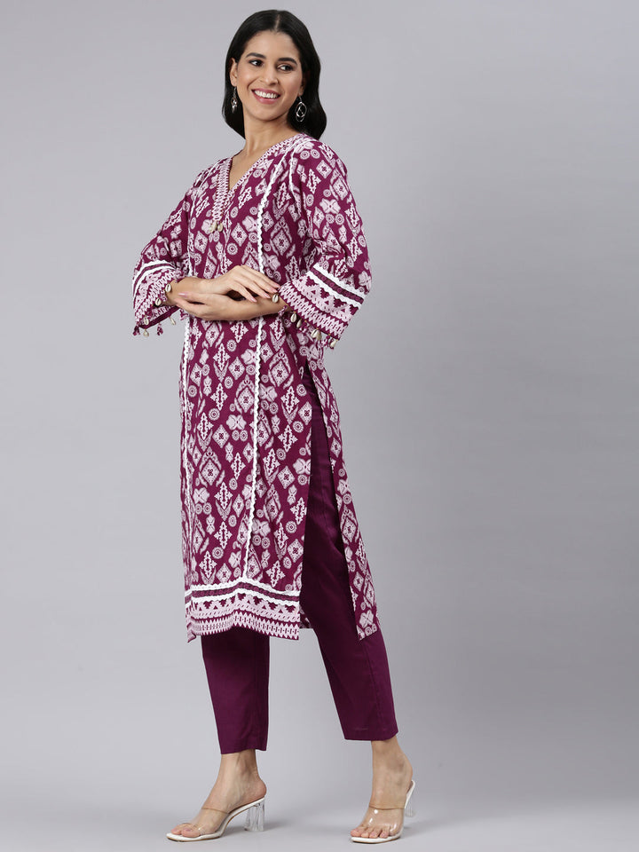 Neerus Purple Regular Straight Printed Kurta and Trousers With Dupatta