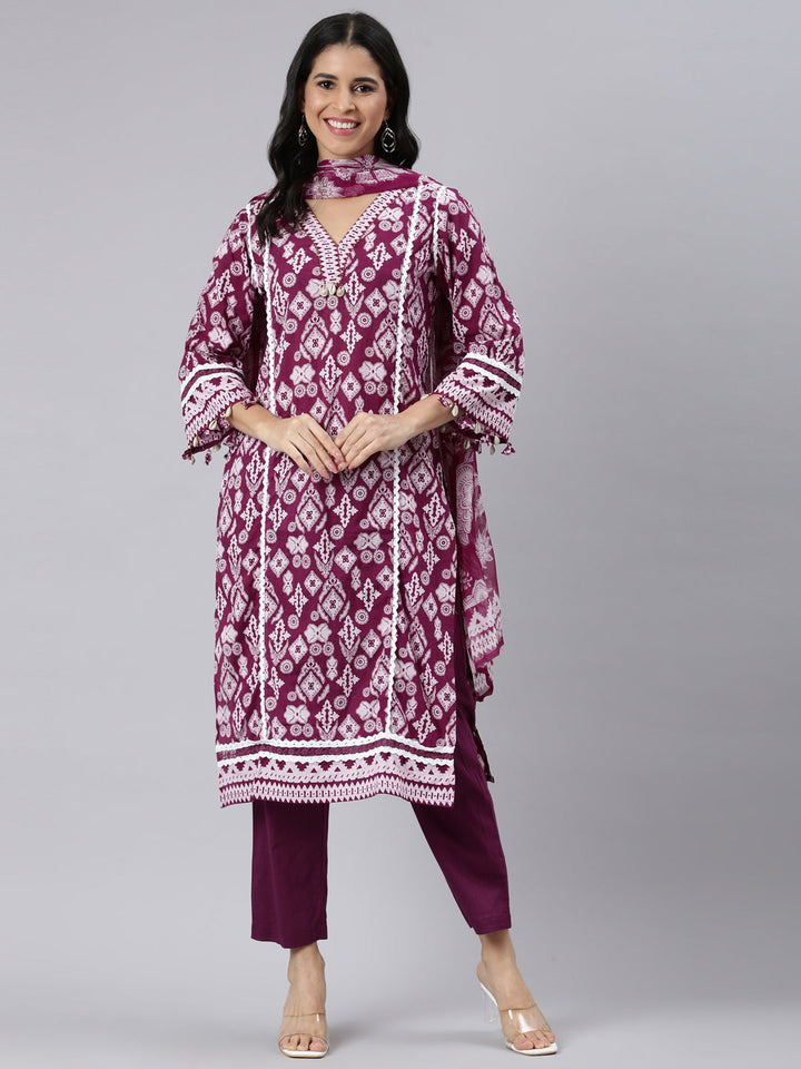 Neerus Purple Regular Straight Printed Kurta and Trousers With Dupatta
