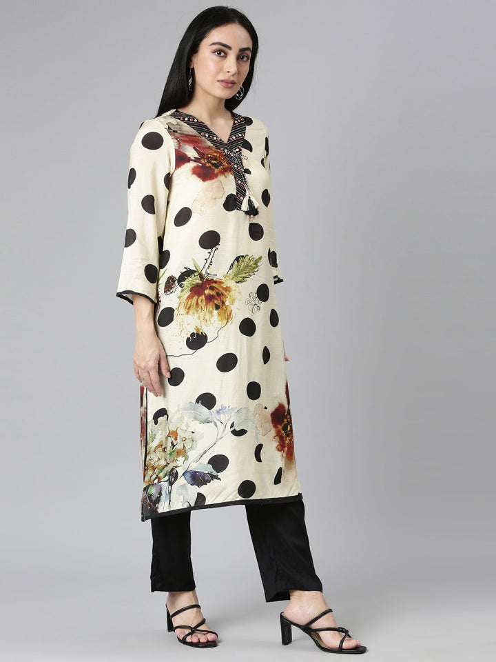 Neerus Beige Regular Straight Printed Kurta and Trousers With Dupatta